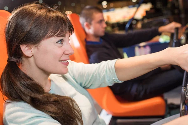 Young Couple Having Fun Racing Car Simulator — Stock Photo, Image