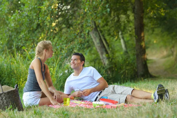 Unga Lyckliga Amorösa Par Picknick Utomhus — Stockfoto