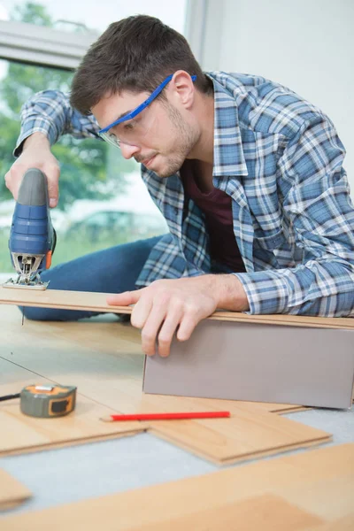 Assembling Furniture Chipboard Using Cordless Screwdriver — Stock Photo, Image