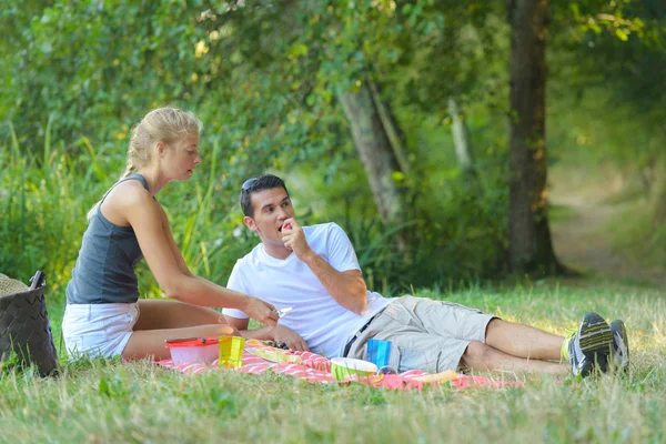 Happy Young Couple Picnic Blanket — Stock Photo, Image