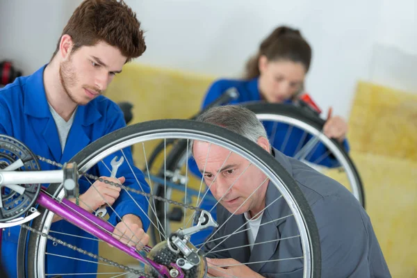 Fahrradmechaniker Und Lehrling Reparieren Fahrrad Werkstatt — Stockfoto