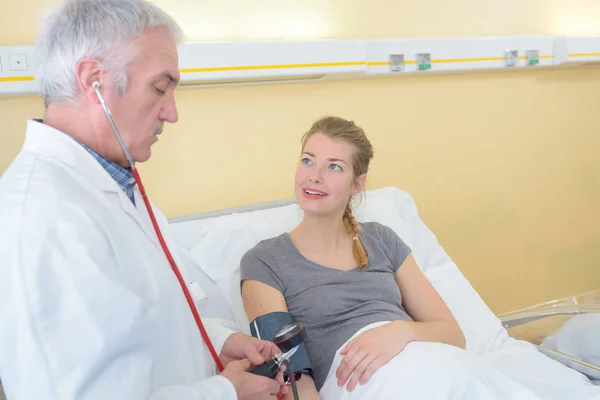 Doctor Man Checking Blood Pressure Cuff Woman Patient — Stock Photo, Image