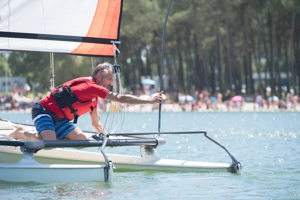 Professional Waterman Training Lake Catamaran — Stock Photo, Image