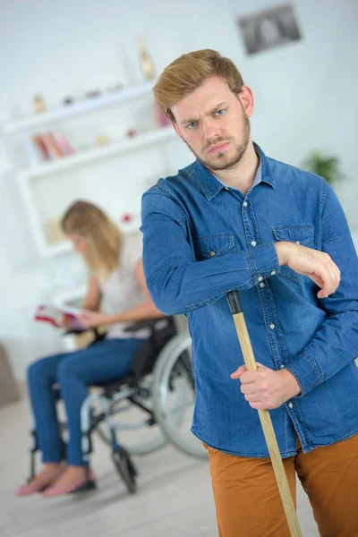 Man Tired Cleaning House — Stock Photo, Image
