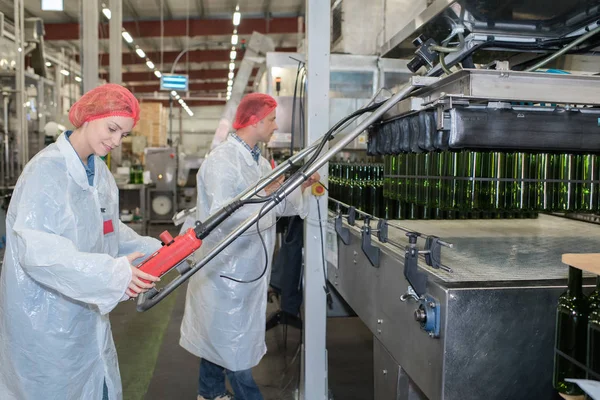 Positieve Winery Werknemers Met Het Bottelen Van Machines Fabriek — Stockfoto