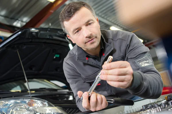 Portrait Car Engineer His Garage Stock Picture