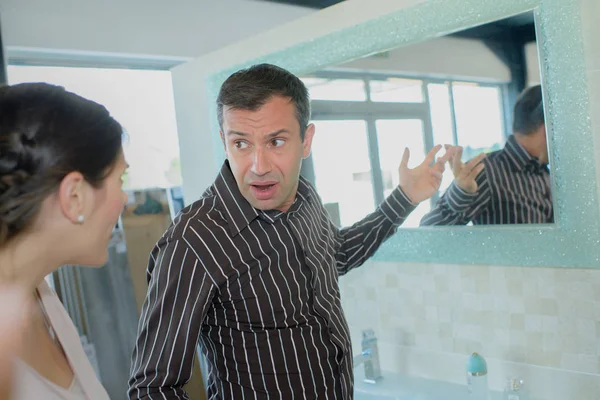 Upset Couple Having Argument New Bathroom — Stock Photo, Image
