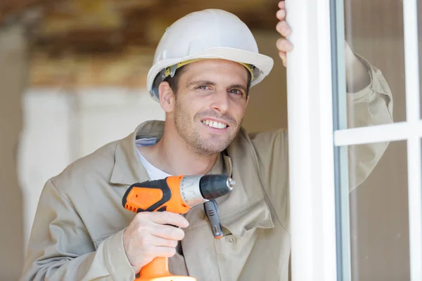 Construtor em com área de transferência — Fotografia de Stock