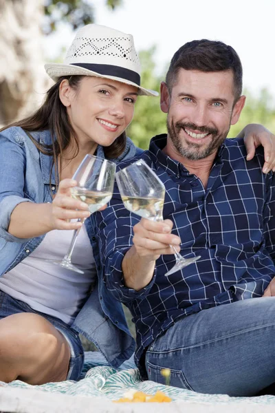 Viticultor pareja en el viñedo tostando y degustando su vino —  Fotos de Stock