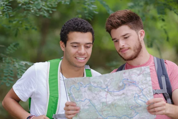 Wandelliefhebbers lezen een routekaart tijdens een trekking in de heuvels — Stockfoto