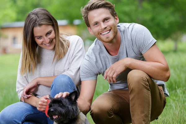 Genç çift ile parkta güzel köpek yürüyüş — Stok fotoğraf