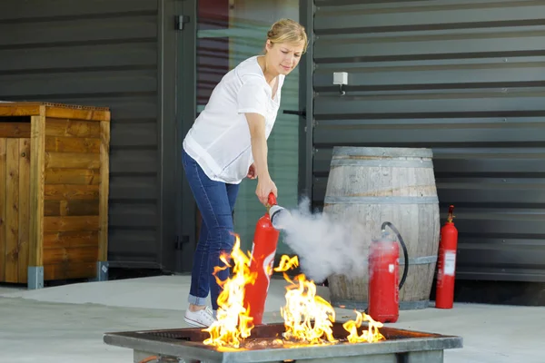 Determined woman holding a red fire extinguisher — Stock Photo, Image