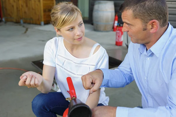 Fire extinguisher on fire drill training — Stock Photo, Image