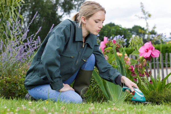 Mulher Jardinagem Quintal Dia Primavera Ensolarado — Fotografia de Stock