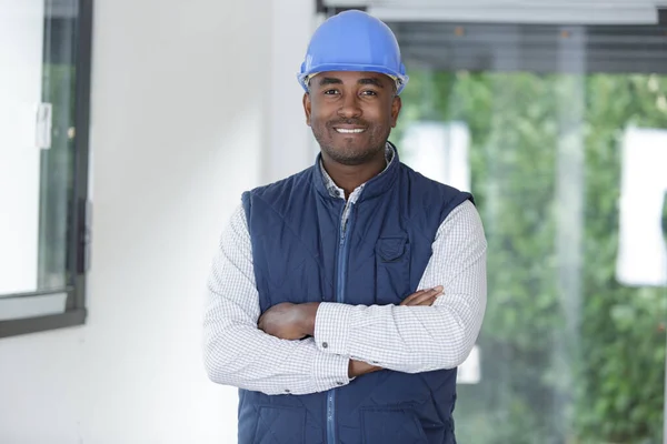 Happy Young Man Builder Helmet Standing Arms Crossed — Stock Photo, Image