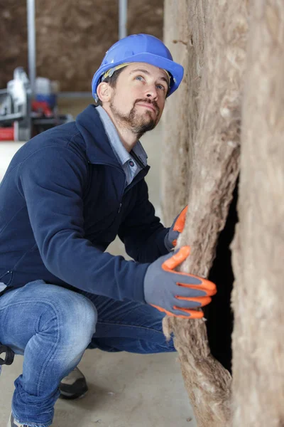 Man Fitting Insulation Walls — Stock Photo, Image