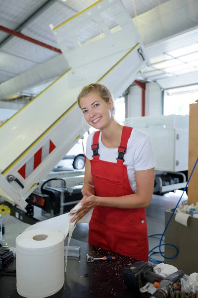 Happy Blonde Woman Cleaning Equipment — Stock Photo, Image