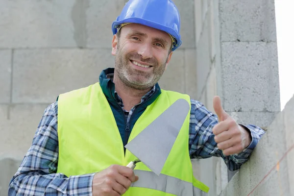 Portrait Happy Worker Showing Thumb Factory — Stock Photo, Image