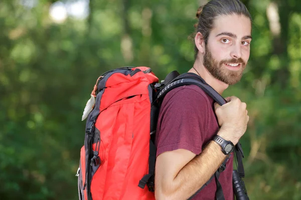 Side View Young Man Backpack Hiking Nature — Stock Photo, Image