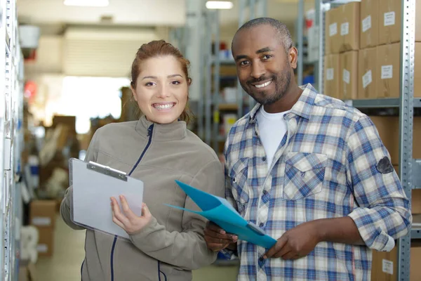 Woman Man Engineers Warehouse — Stock Photo, Image