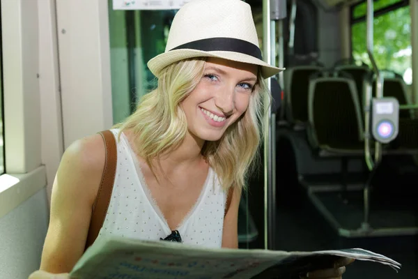 Happy Woman Holidays Reading Bus — Stock Photo, Image