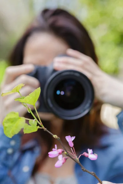 Fotograf Kobieta Robi Zdjęcia Natury — Zdjęcie stockowe