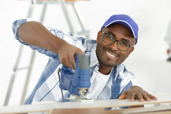 Portrait Excited Man Using Electric Jigsaw — Stock Photo, Image