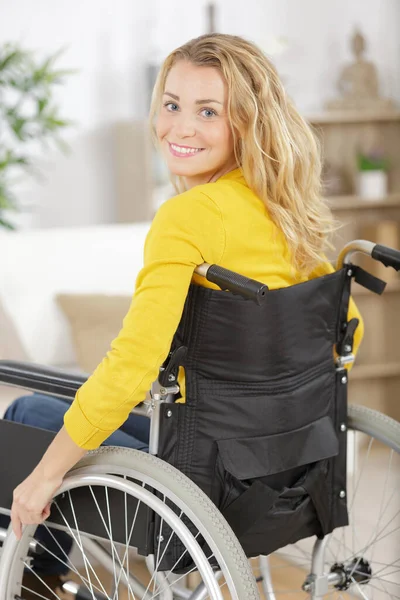 Smiling Young Woman Wheelchair Looking Camera — Stock Photo, Image