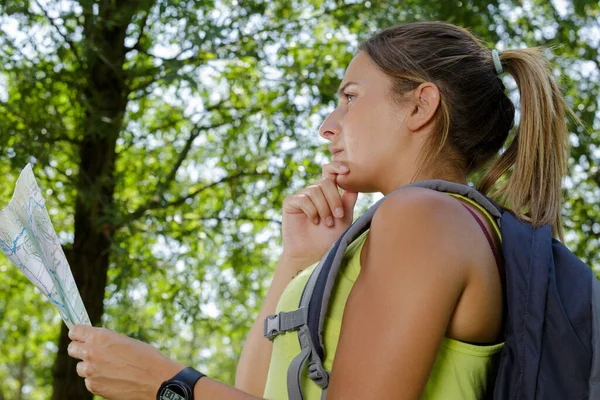 Woman Backpack Countryside Looking Map — Stock Photo, Image