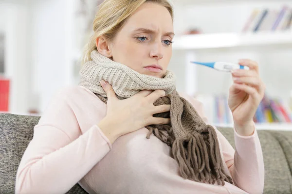 Woman Thermometer His Hand — Stock Photo, Image