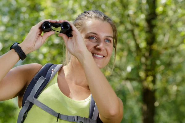 Smiling Young Female Hiker Binoculars — Stock Photo, Image