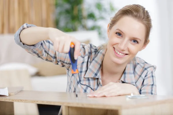 Šťastná Mladá Žena Dělá Diy Doma — Stock fotografie