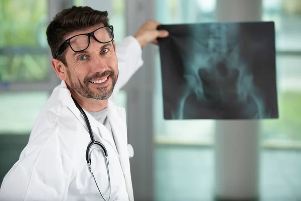 Sonriente Médico Masculino Sosteniendo Radiografía Pélvica —  Fotos de Stock