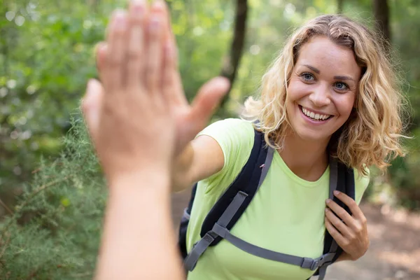 Proud Woman Hiker Forest Give High Five — Stock Photo, Image