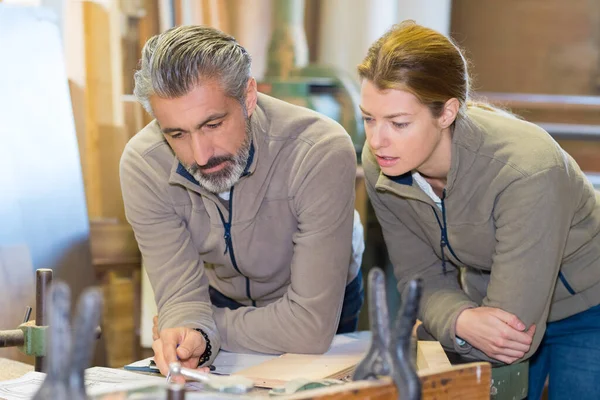 Colleagues Looking Plans Woodworking Studio — Stock Photo, Image