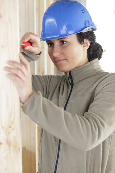 Trabalhador Feminino Usando Chave Fenda Painel Madeira — Fotografia de Stock