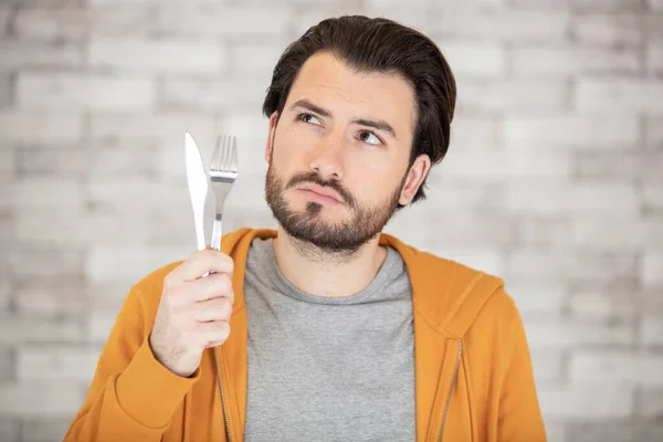 Young Hungry Man Holding Fork Knife — Stock Photo, Image