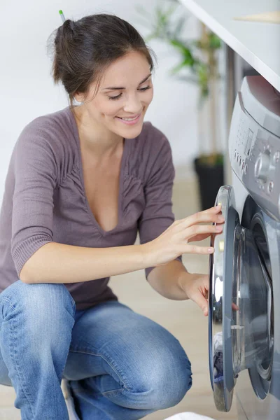 Woman Loading Dirty Clothes Washing Machine — Stock Photo, Image