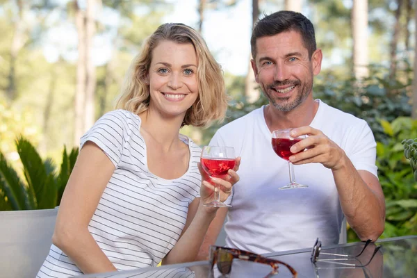 Şarap Kadehi Tutan Mutlu Çiftin Portresi — Stok fotoğraf