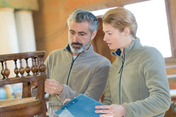 Carpenters Furniture Factory Inspecting Piece — Stock Photo, Image