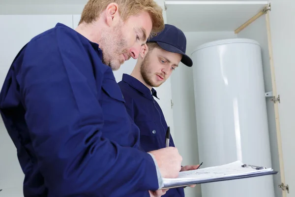 Trainee Plumber Working Central Heating Boiler — Stock Photo, Image
