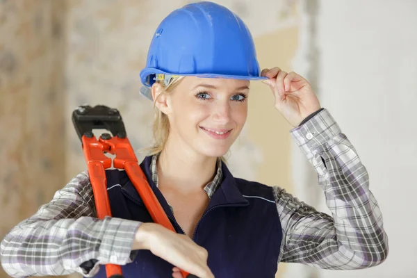 Glückliche Bauarbeiterin Mit Helm — Stockfoto