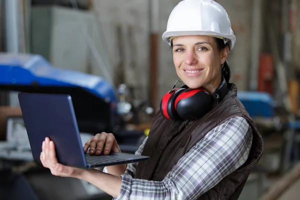 Männliche Wirtschaftsingenieurinnen Harten Hüten Mit Laptop — Stockfoto