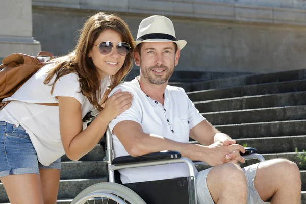 Young Couple Summer Holiday Man Wheelchair — Stock Photo, Image