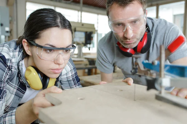 Two Modern Artisans Working Together Using Machines Workshop — Stock Photo, Image