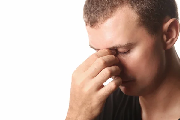 Junger Mann Mit Kopf Oder Nasennebenhöhlenschmerzen — Stockfoto