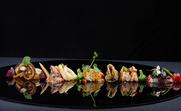 Seafood plate, creative restaurant dish, fine dining concept
