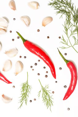 Üstten görünüm - sarımsak, dereotu, kırmızı biber biber ve biber baharat