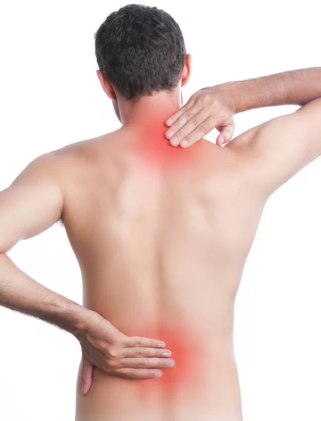 Studioaufnahme Eines Jungen Mannes Mit Schmerzen Nacken Und Rücken — Stockfoto