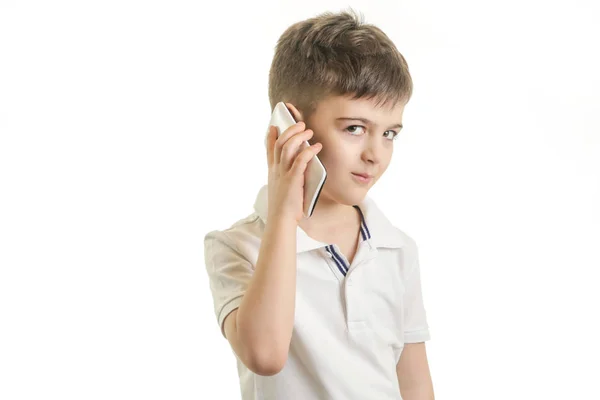 Studio Shot Little Boy Smart Phone Kids Cell Phones Addiction — Stock Photo, Image